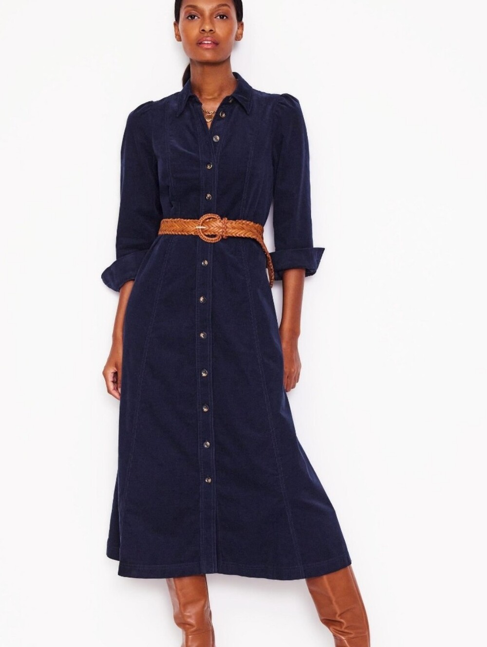 Boden Aubrey Cord Midi Shirt Dress Navy Blue Size US 2
